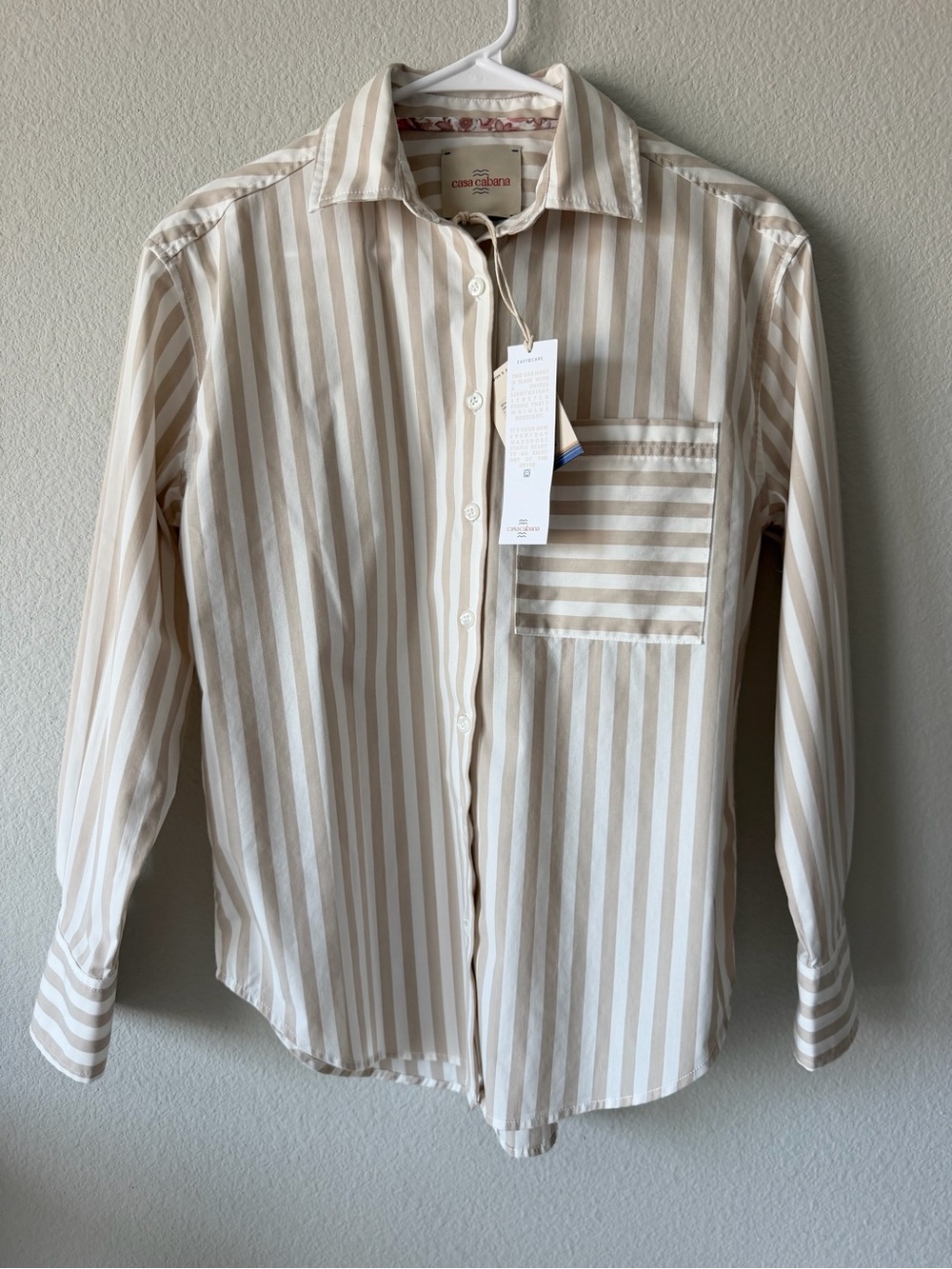 NWT Casa Cabana Bethany Striped Button Down Shirt Sand Beige Long Sleeve Sz XS